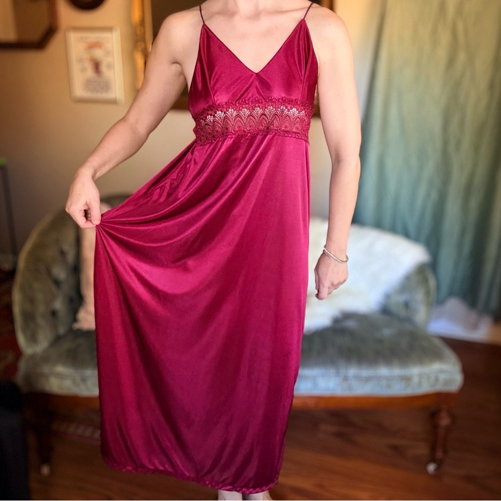 Vintage Empire Waist Slip Dress Burgundy Satin Maxi XS